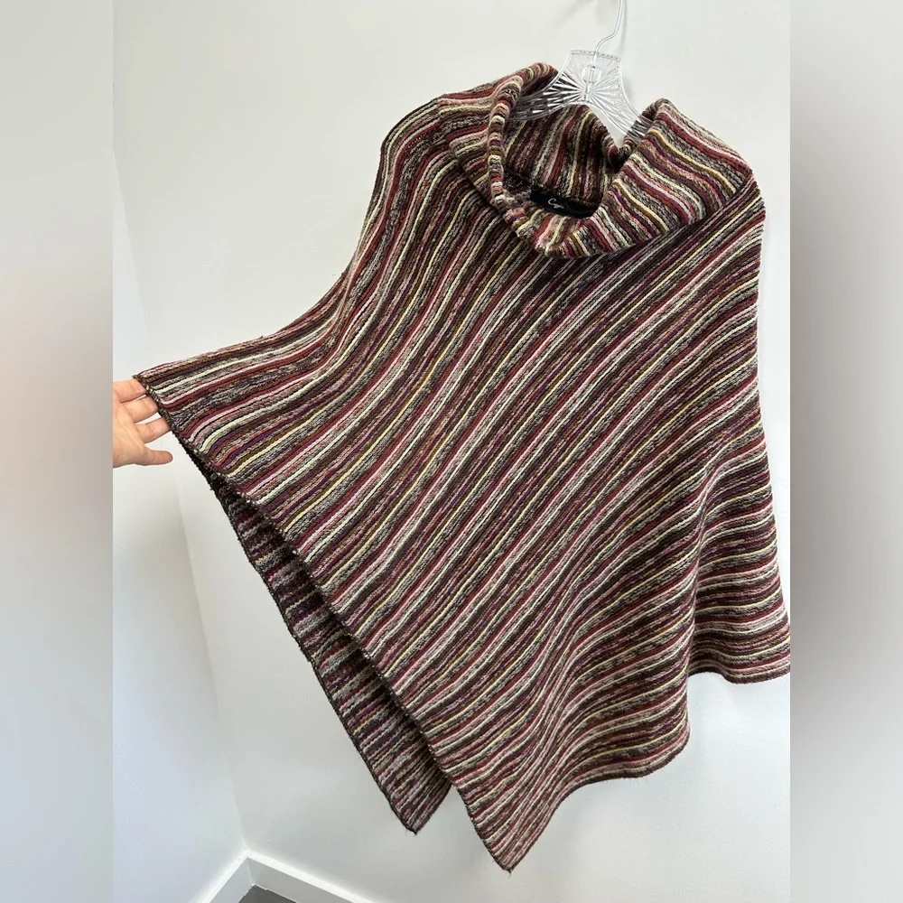 Striped Multi-color Funnel neck Knit Poncho One Size - Picture 5 of 7
